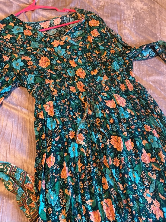 None Dresses & Skirts - Floral Smocked Waist Maxi Dress - Teal & Coral